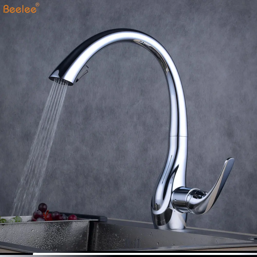 Beelee BL1749C Luxury Polished Chrome Swan Pullout Kitchen Faucet Tap with Pull Down Sprayer