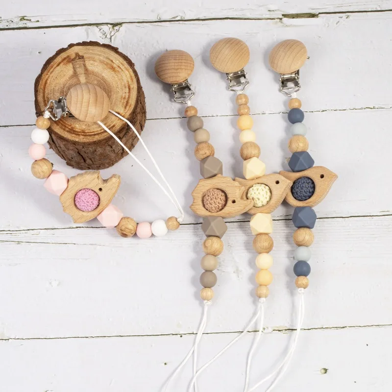 High Quality Beads Teether Baby Chew Rainbow Silicone Beads Chewable Wooden Silicone Dummy Pacifier Clip For Baby Toys