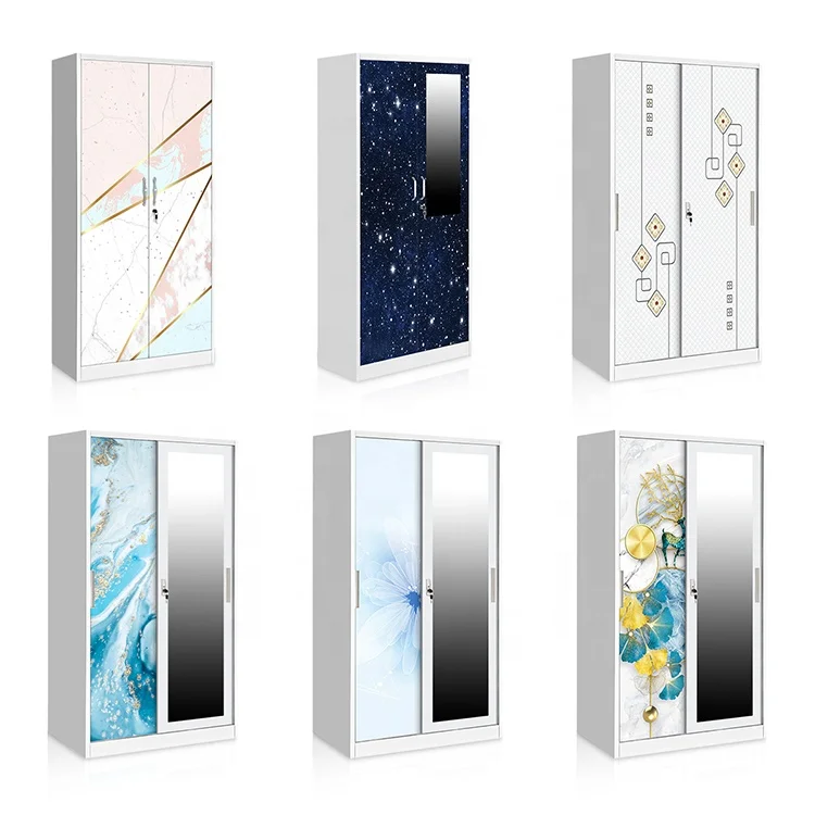 Stylish and Affordable Steel Sliding Wardrobes with Mirror Iron metal storage cupboard wardrobe for Your Bedroom Furniture