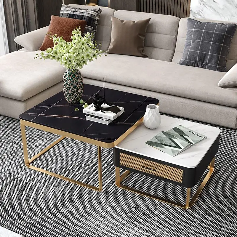 Set Of Two Fashion Square Marble Top Nesting Modern Design New Luxury Gold Center Coffee Table For Living Room