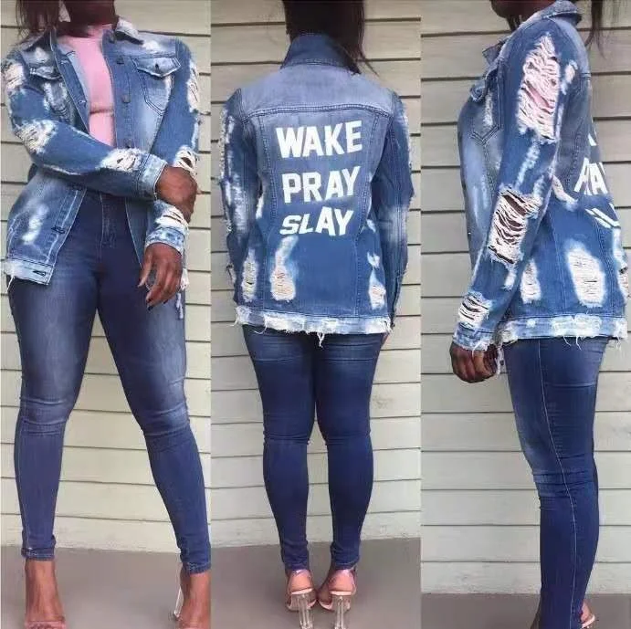 Ladies Denim Jackets Women Spring Turn Down Collar Hole Long Sleeve Casual Denim Jacket Women Jeans Coat Outerwear Plus Size 3XL