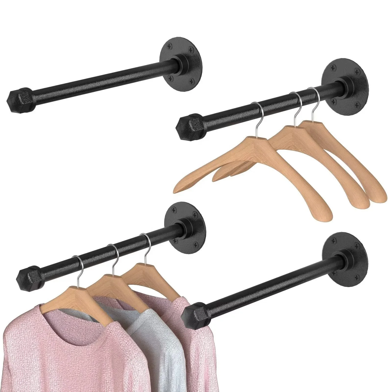 Industrial Rustic Metal Clothes Hangers DIY Black Iron Pipe Shelf Wall Mount brackets with Hooks Garment Rack Wardrobe Storage