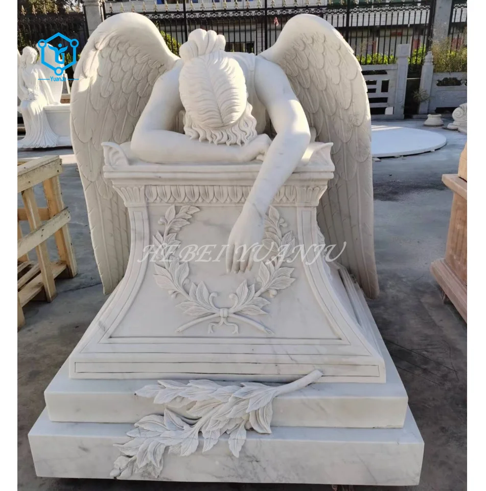 Natural white marble sculpture tombstone with standing angel statue