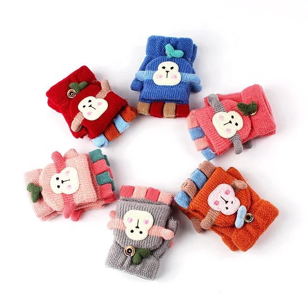 Cute Kids Knitting Pattern Gloves Winter Warm Convertible Stretchy Half Finger Mittens