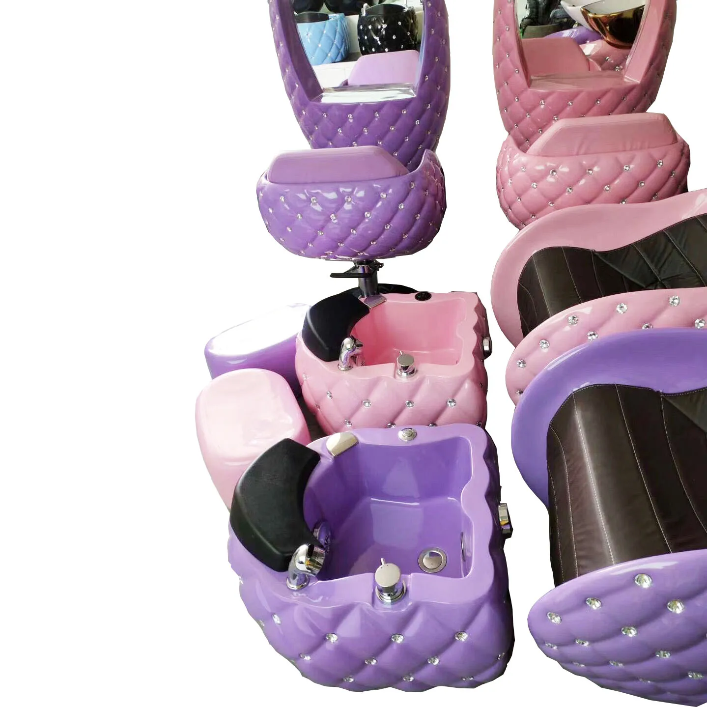 NEW Pink barber chair mirror suit Lingge belt drill shampoo bed and foot bath