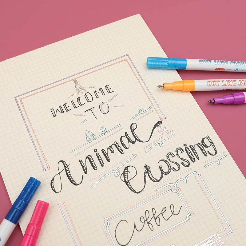 Mobee P-1267A Outline Markers 8pcs/set  Marker Pens Glitter Out Line Permanent Ink Color Flash Pens for Journaling Drawing