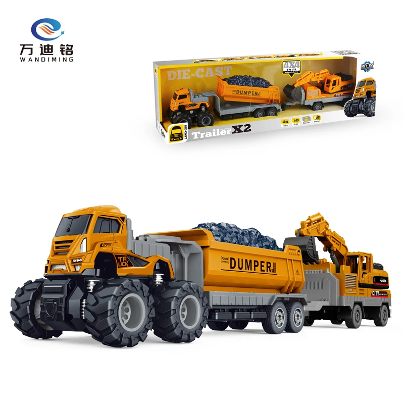 WDM 1:43 4WD inertial Alloy Toy Friction Die-Cast Engineering Trailer model Truck Diecast Toys with Excavator car