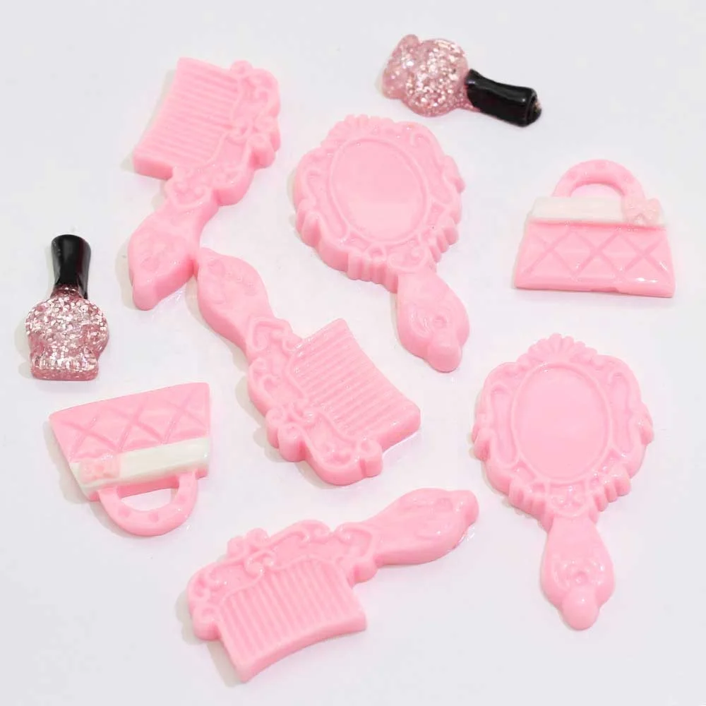 
100Pcs Kawaii Pink Mirror Comb Nail Polish Lady Bag Resin Flatback Cabochon Diy Scrapbooking Embellishment Decoration Craft 