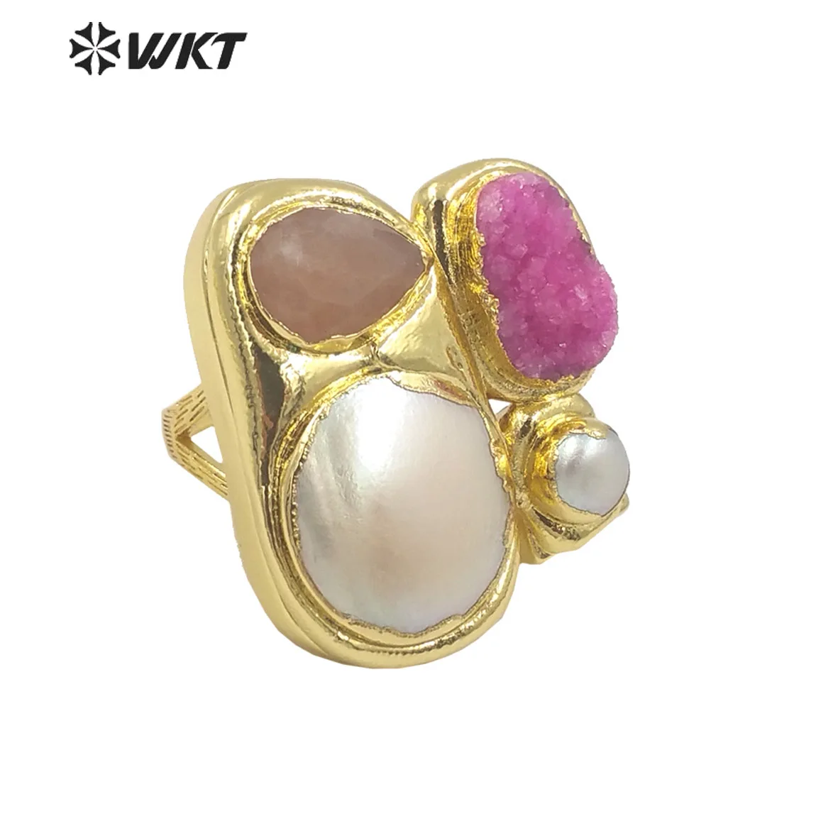 WT-MPR083 Newest Exclusive WKT Design 18k Real Gold Plated Resist Tarnishable Multi Stone And Pearl Women Ring In Adjustable