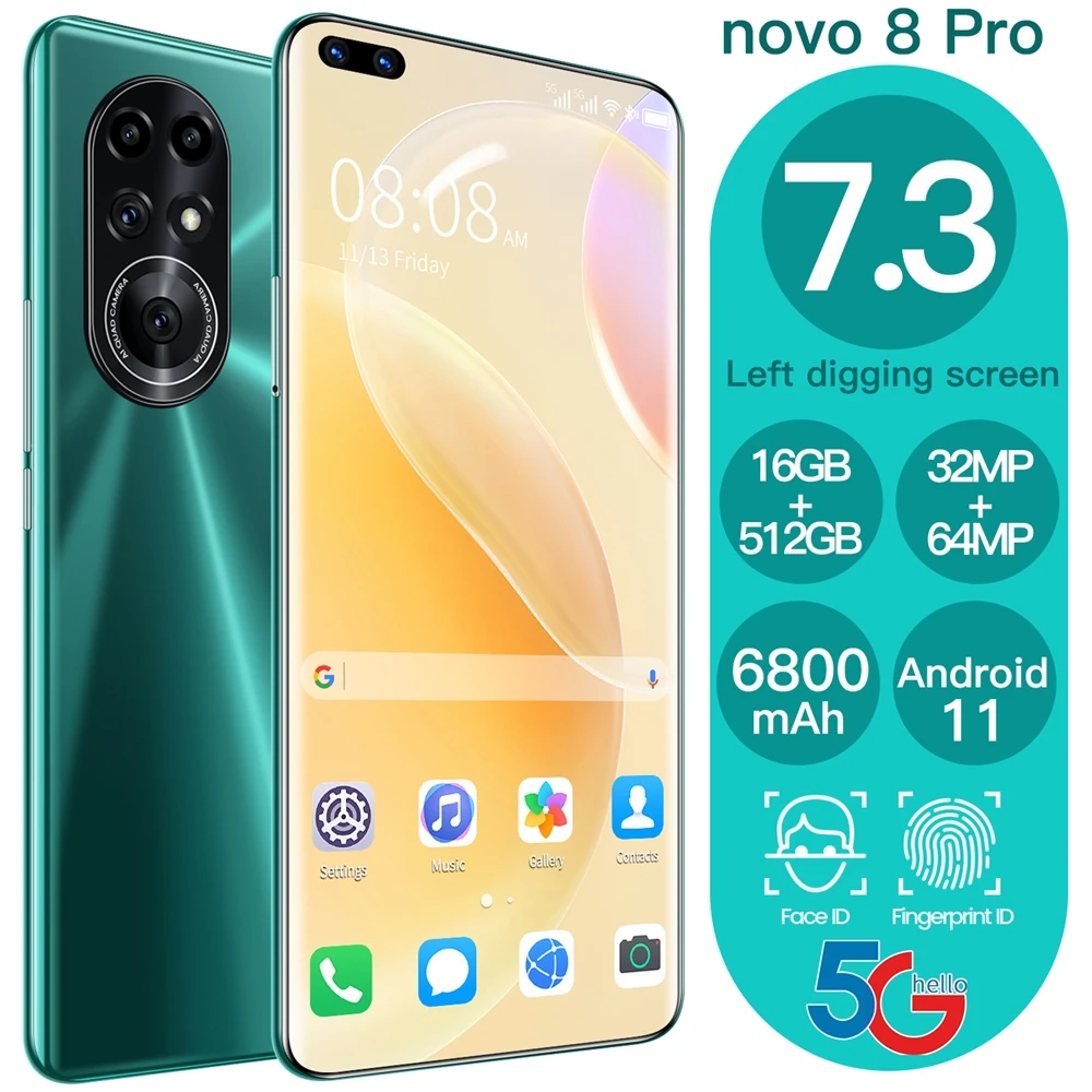 Дропшиппинг, разблокированный смартфон Nova 8 Pro, 7,3 дюйма, Android, HD-камера, полноэкранный мобильный телефон с двумя SIM-картами, сотовый телефон с функцией распознавания лица