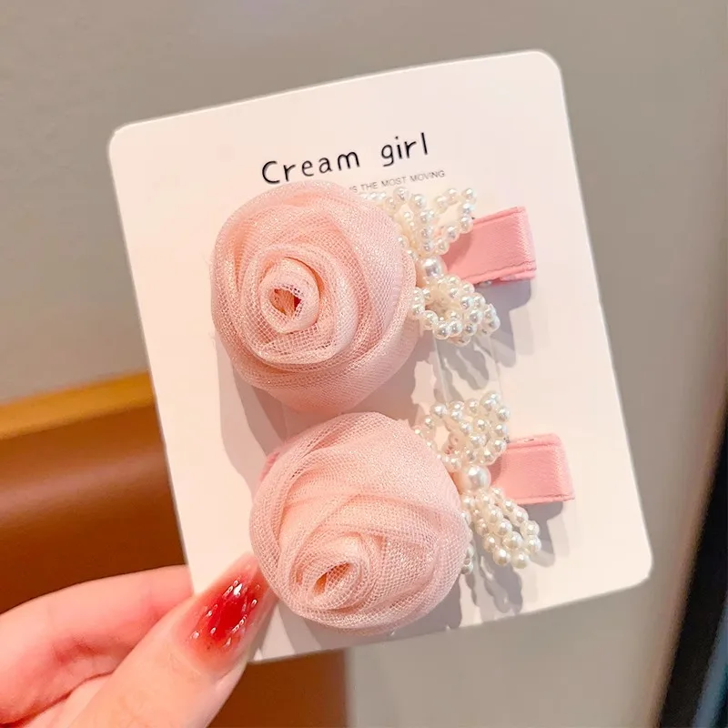 Korean Princess style Baby sweet side flower broken hair pair with girl pearl bow pink mesh rose hair clip