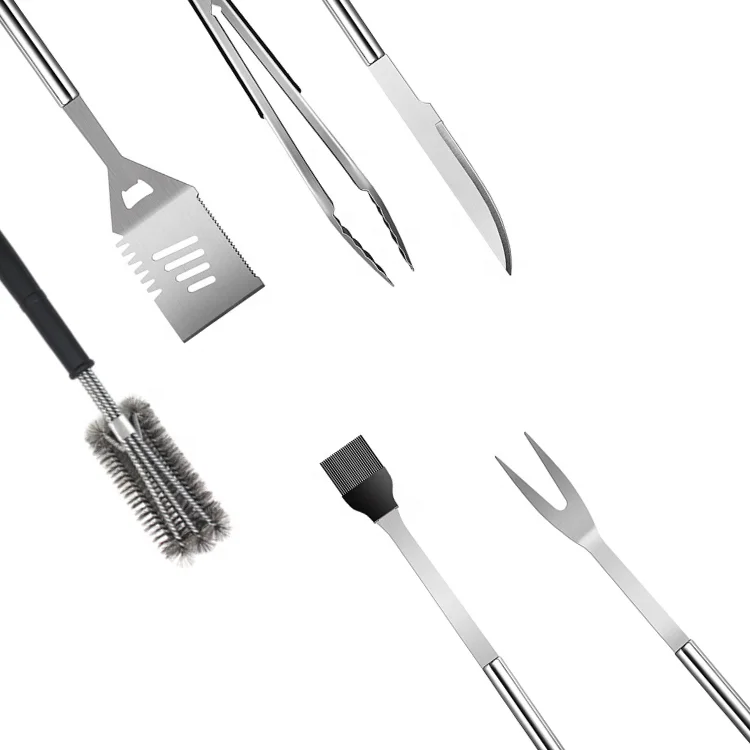 Metal Grill Set with Best Cleaning Brush Spatula Tongs Scraper Weber Black Grilling Apron Gift Kit for Camping Backyard Barbecue