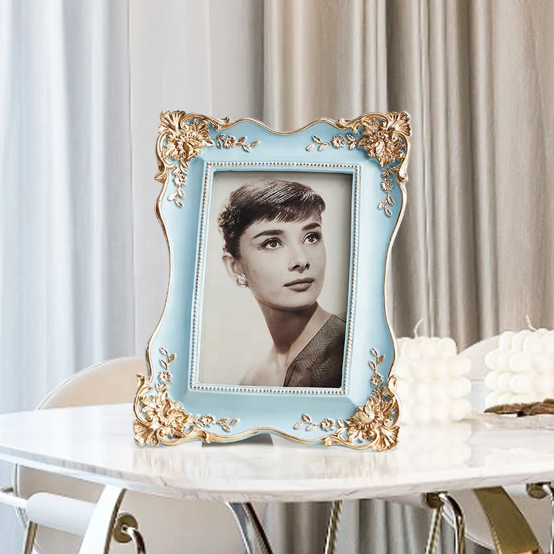 Европейский стиль художественное ремесло инновационный стол дисплей Резьба Цветок синий золотой каучуковая фоторамка