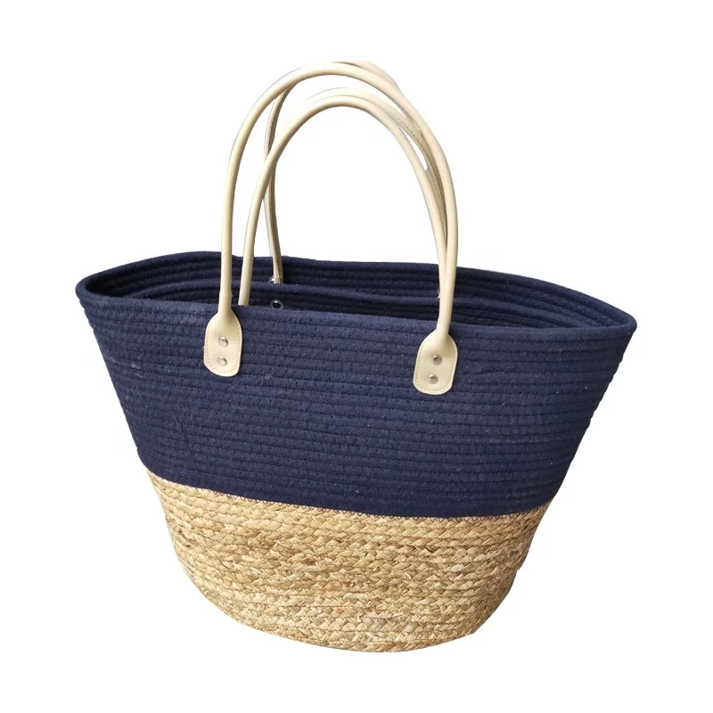 handmade cotton straw woven beach basket bag handbag summer bali woven cotton rope straw beach tote bag knitted storage basket