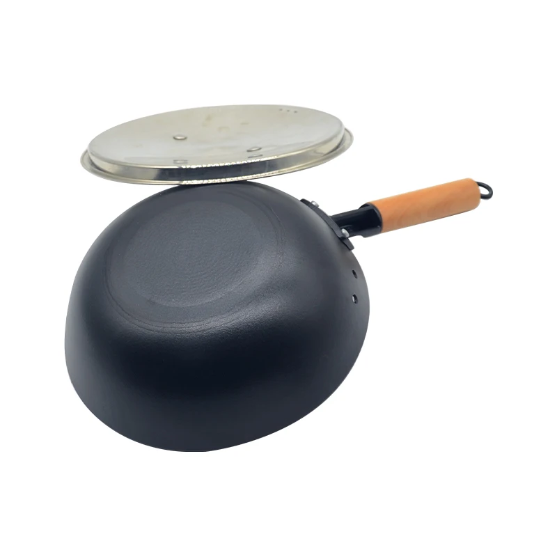 Eco-Friendly Honeycomb Non-stick Cast Iron Woks with Wooden Handle S/S Lid Cover Deep Frying Pan Wok