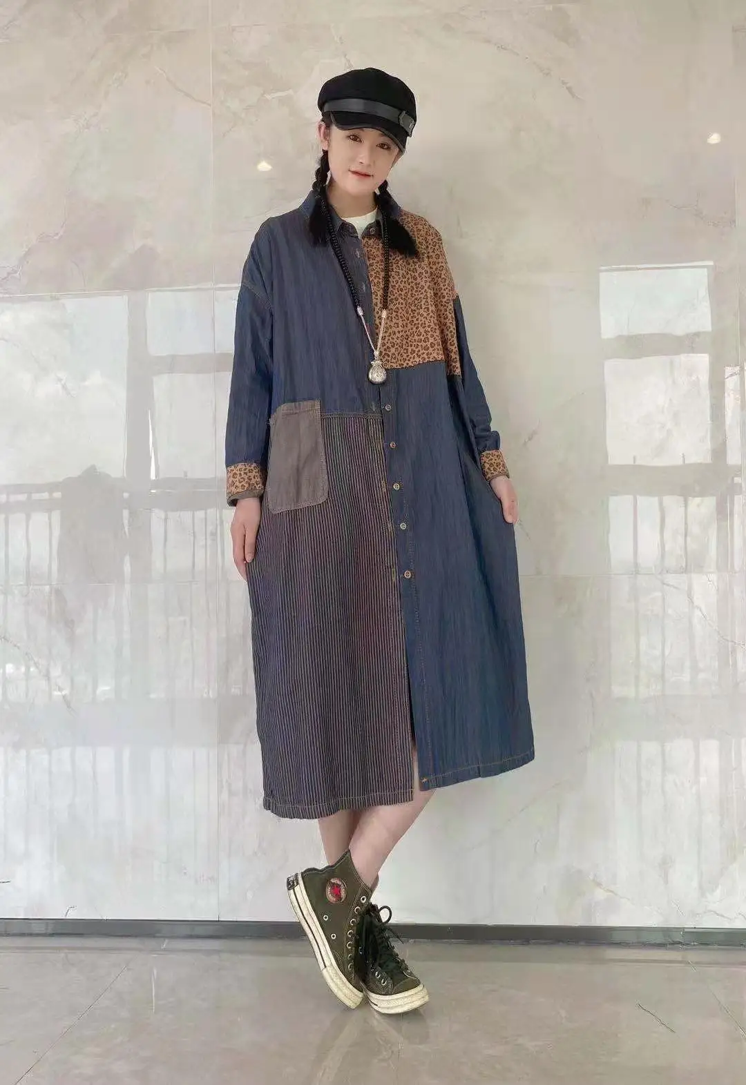 Mid-length cardigan 2021 spring and autumn new loose Oversize Splicing large size dress