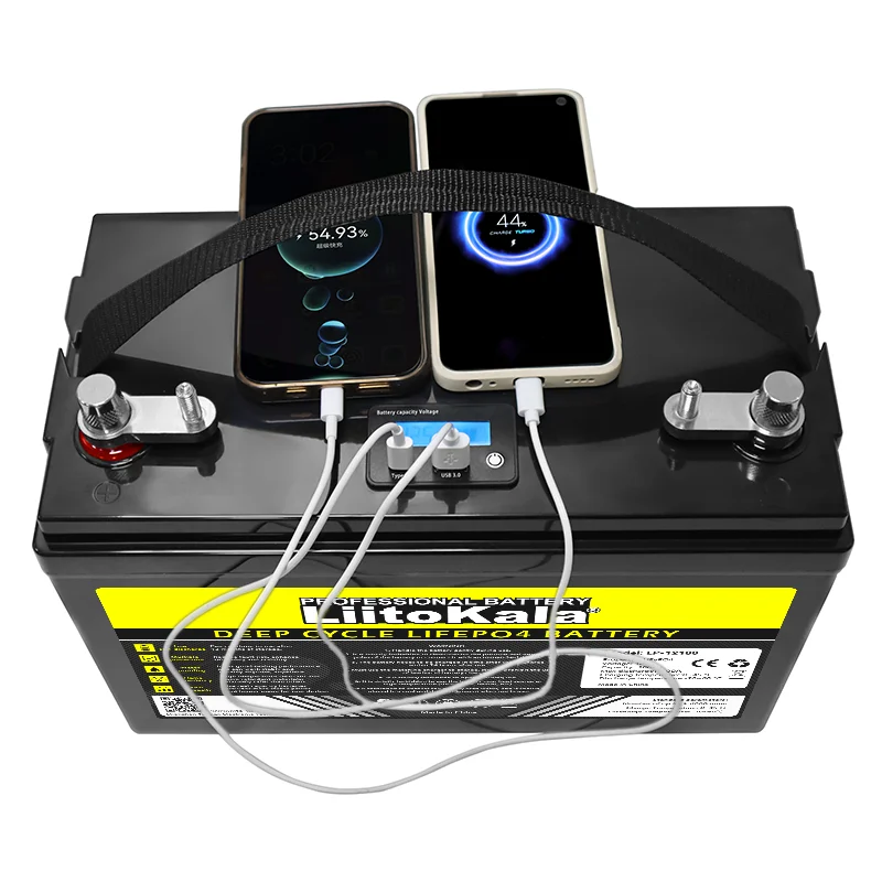 LiitoKala lifepo4 battery 12V 180Ah copper terminal connected LCD display with USB and Type-c can charge mobile devices