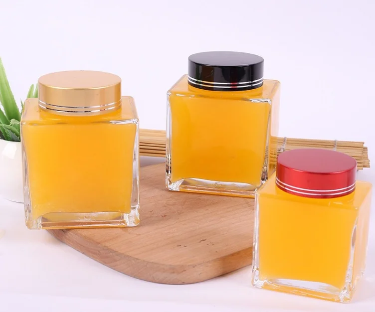 Stocked Empty Square Shape 100ML 180ML 360ML  Glass Jar With Canning Lid Glass Honey Jam Jars