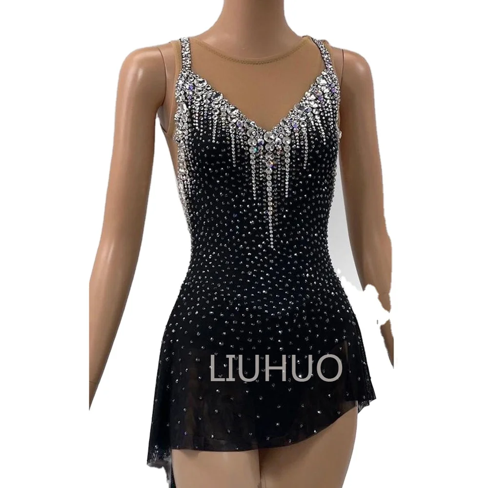 LIUHUO Figure Skating Dress Girls Competition Costume Black Latin Dress Rhinestones Mesh and Spandex Dress for Performance Sets