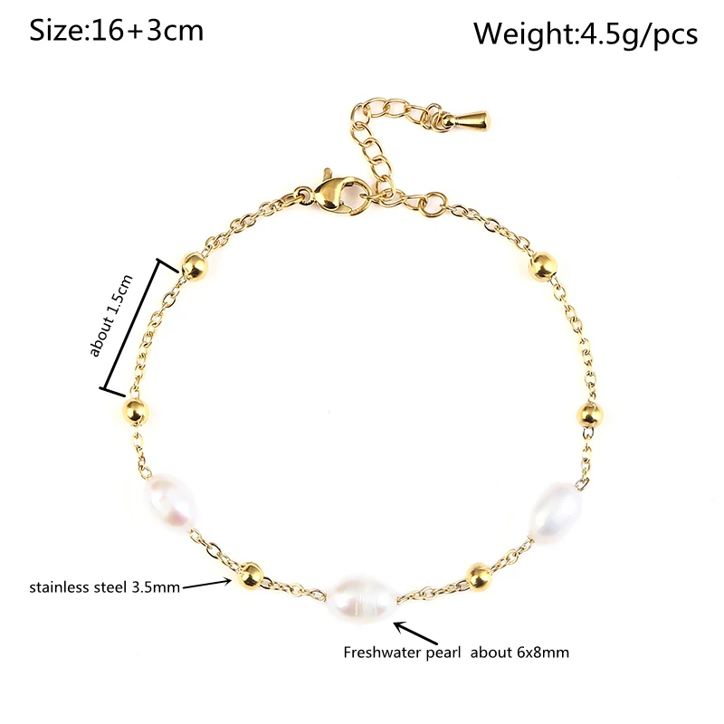 HuPo.HuTu. New Charm Jewelry Women  Gift Freshwater Pearl Chain Waterproof 18K Gold Plated Bead Wrapped Stainless Steel Bracelet