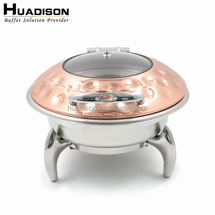 Huadison Wedding Banquet Equipment Round Stainless Steel Food Heating Rose Gold Chaffing Dish With Stainless Steel Base