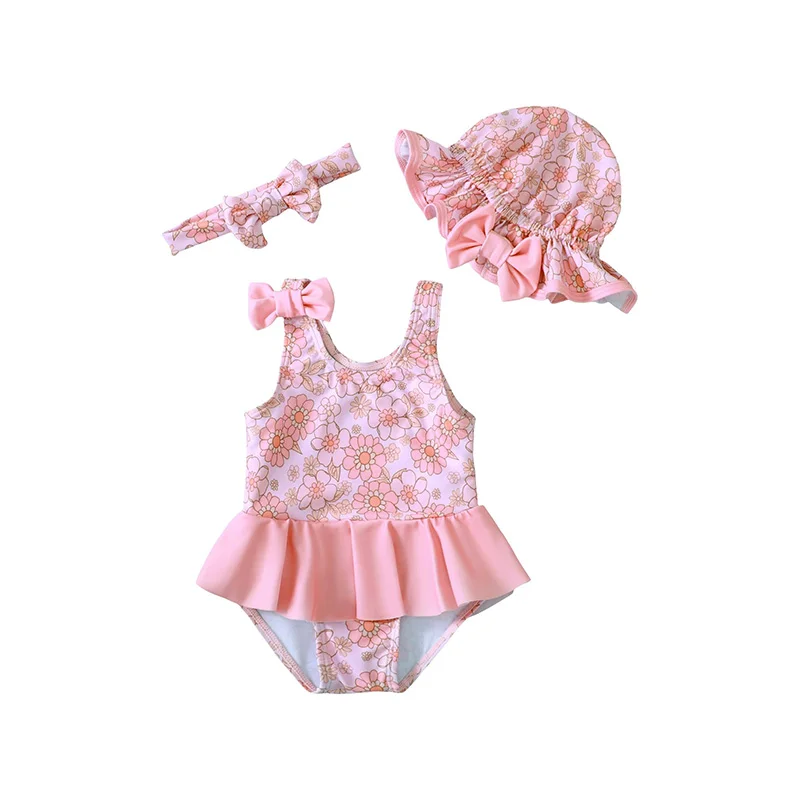 China Factory Wholesale New Girl Baby Print Swimsuit Princess Fashion One Piece Kids Swimsuits With Swimming Cap And Headband