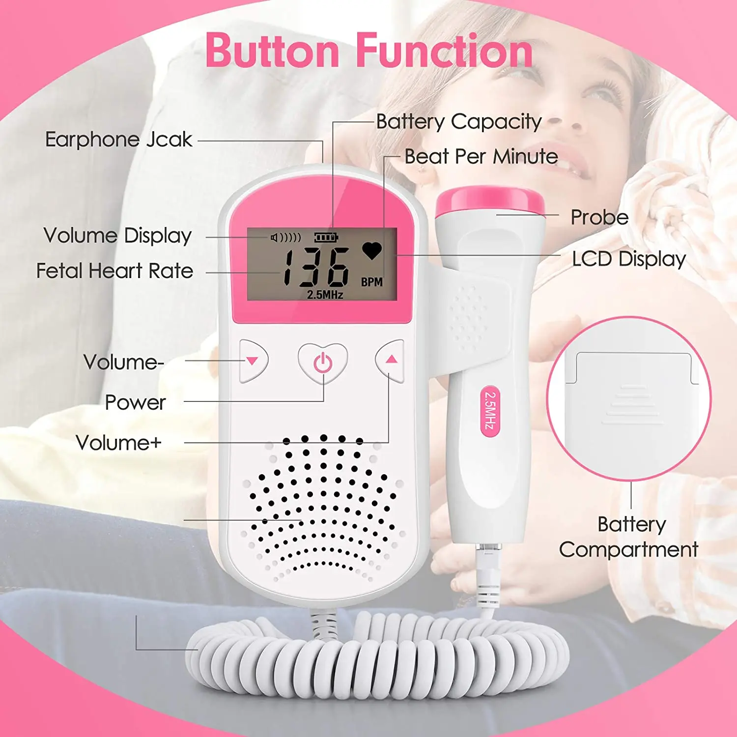 Portable 3 MHz Ultrasonic Heartbeat Detector Monitor Home Pregnancy Pregnant Fetal Heartbeat Doppler