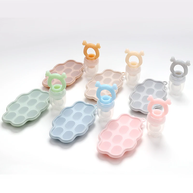 Customized Bpa Free Teether Toy  Baby Fruit Food Feeder Pacifier 10 Cavities Silicone Baby Ice Cube Tray Mold Set With Lids