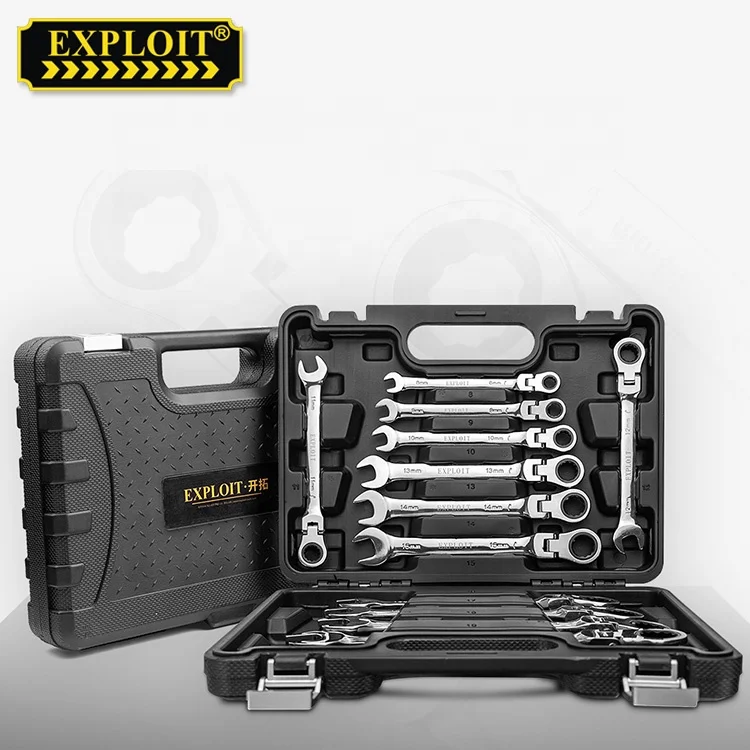 Wholesale Heavy Duty Hand Tool Portable Chrome Vanadium 12PCS Adjustable Combination Ratchet Spanner Wrench Set With Plastic Box