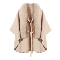 QIUCHEN- QC5069 pinkjava  women cashmere poncho with fox fur trim hood