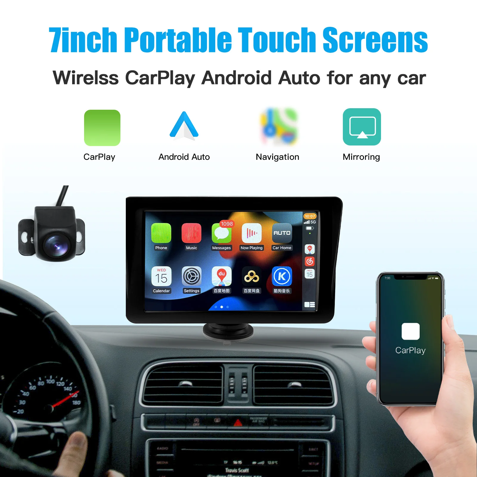 AUTOABCA 7inch Car Radio Multimedia Video Player Wireless Carplay And Wireless Android Auto Touch Screen With Remote Control