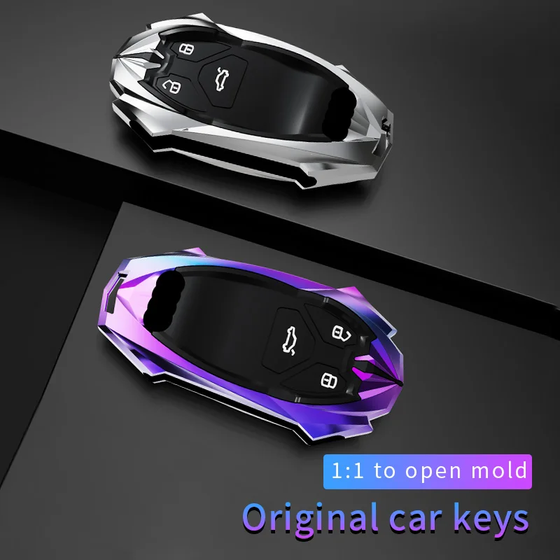 Zinc Alloy Leather Car Logo Key Case Cover Shell for Audi A6 A7 A8 E-tron Q5 Q8 C8 D5 Remote Key Fob Holder Auto Accessories