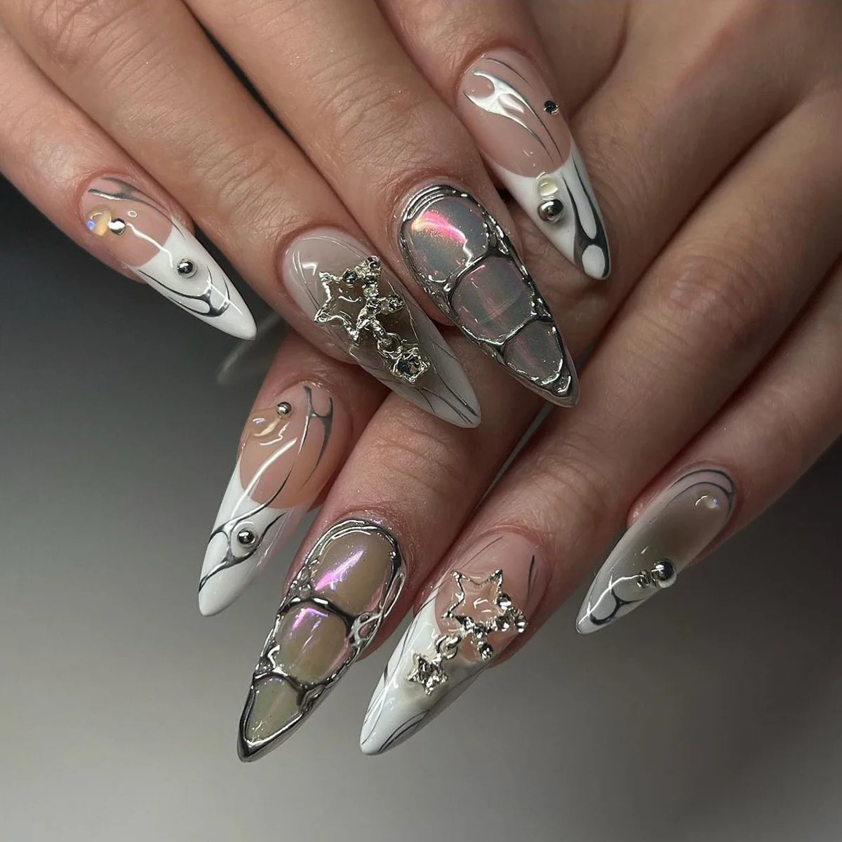 24Pcs Press On Nails  Long Coffin White French Manicure Rhinestone Nails Artificial Press On Nails Luxury Custom Packaging Box