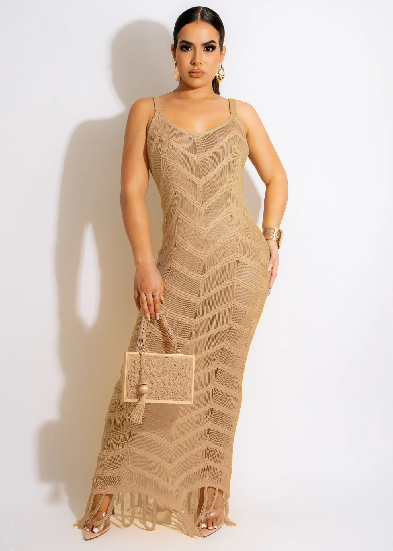 2023 Wholesale Sleeveless Tassel Knitted Women Dresses Hollow Out See Through Candy Color Bodycon Long Dresses Women