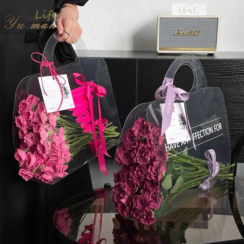 Tiktok Hot 2023 New Internet Celebrity Customize Logo Portable PVC PET Flower Gift Box Transparent Flower Bag