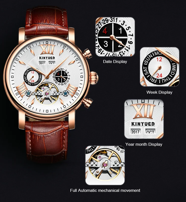 KINYUED J017-4 Gold Case Black Dial Leather Strap Complete Calendar Skeleton Waterproof Wristwatches montre homme