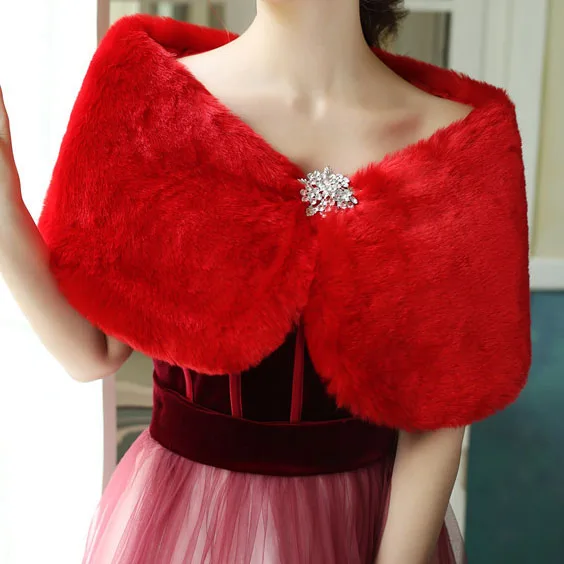 
Jtfur Winter women fashion furry wrap coat bridal red fur shawl with rhinestone 