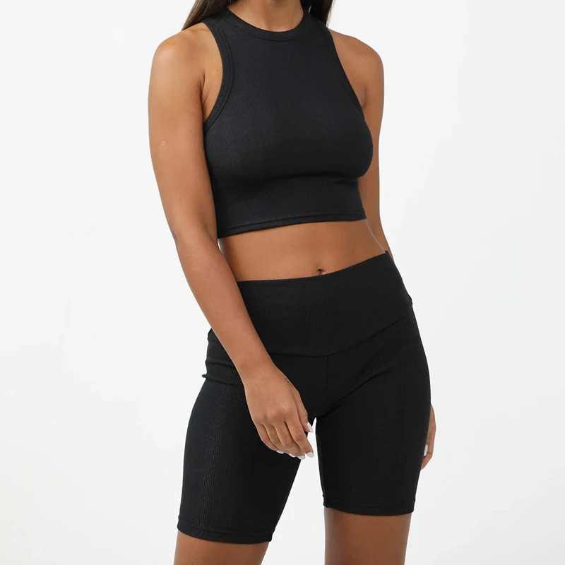 Organic cotton bamboo womens Bras Yoga Shorts set Ribbed Yoga Sets for women custom  Crop Tank top and shorts