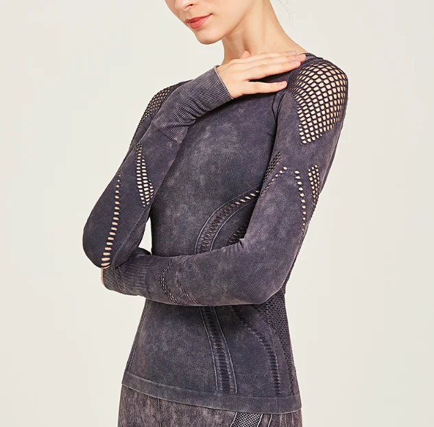 New style fashion cheap women hollow out printing fitness wear long sleeve yoga tights top