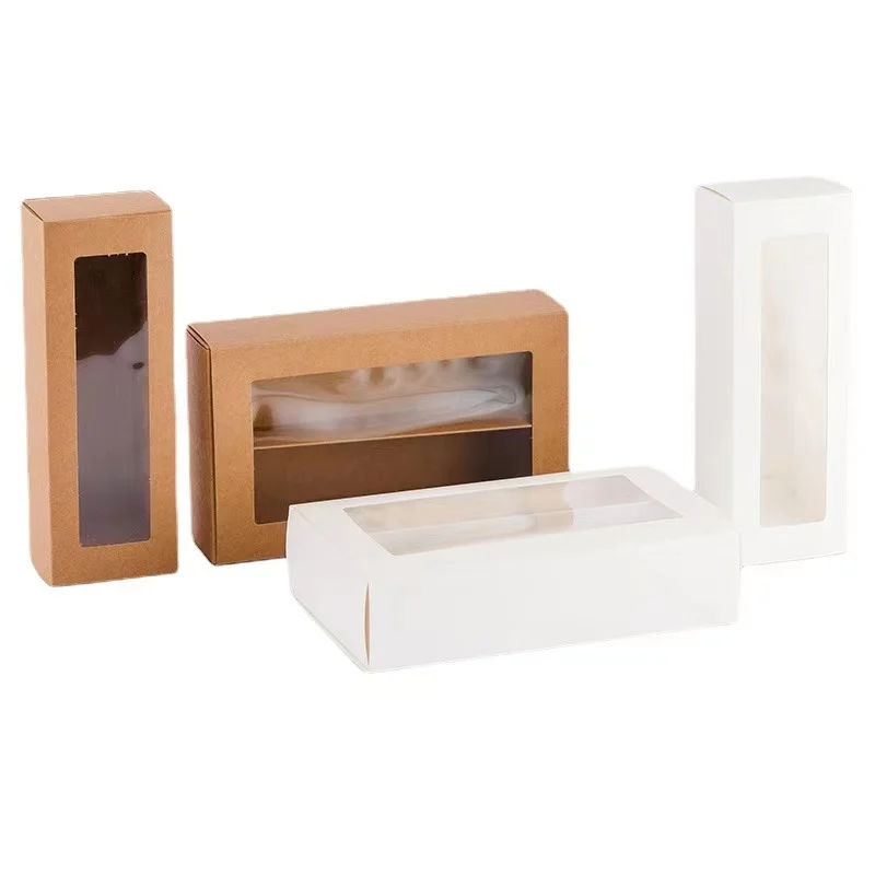 Wholesale Rectangular Macaron Cookie Box Donuts Dessert Food Bread Kraft Paper Transparent Window Paper Box Dessert Baking Box