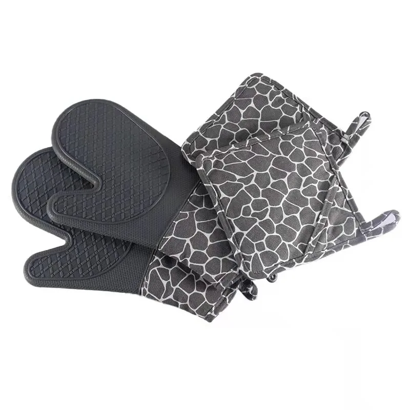 Pattern Printed 100% Cotton Custom Oven Mitt And Black Pot Holder Set Heat Resistant Oven Glove And Sublimation Pot Holder