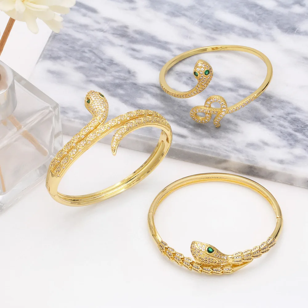 Gold Tone Copper Alloy Icing Zircon Green Snake Eye Snake Head Bangle Cuff Bracelet for Women