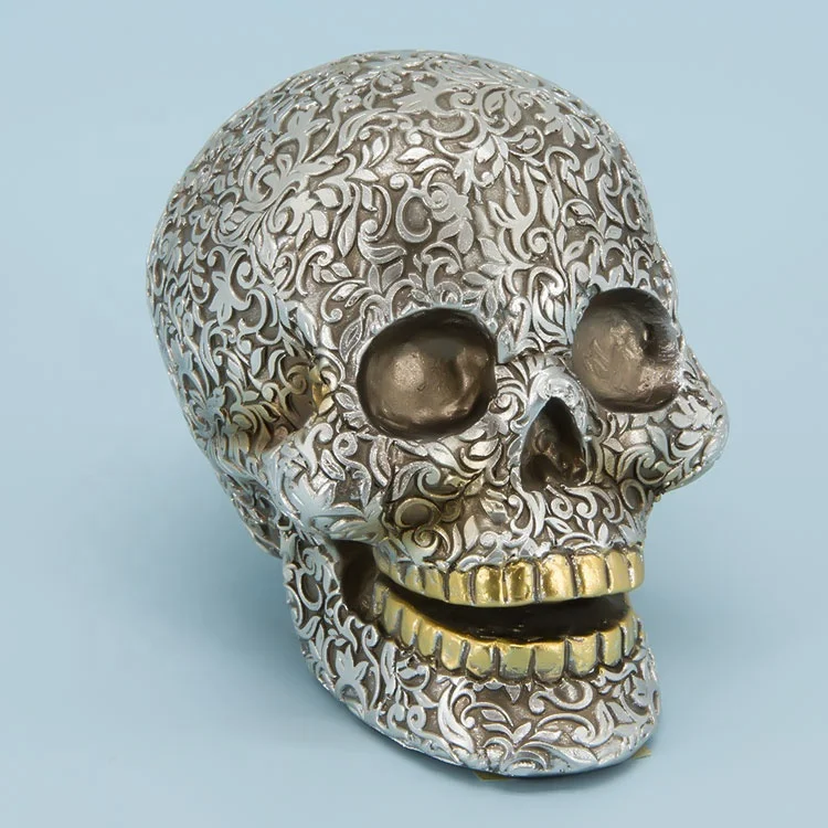 Latest Art Halloween Silver Gray Head  Skulls With Flower Pattern Ornaments