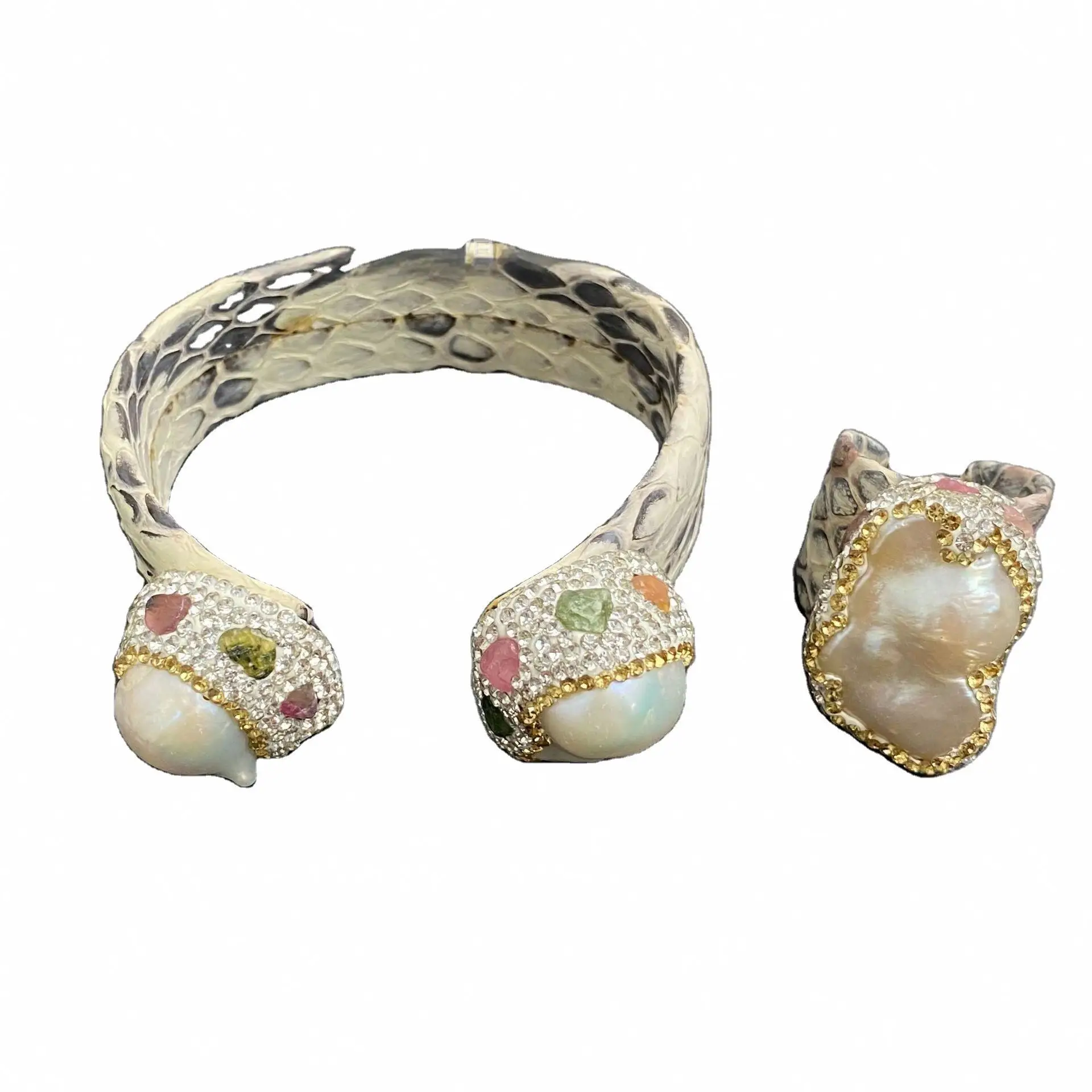 ZJFP Freshwater Pearl Bangle Pearl Ring Leather Set 2Pieces Jewelry Sets For Women Gifts