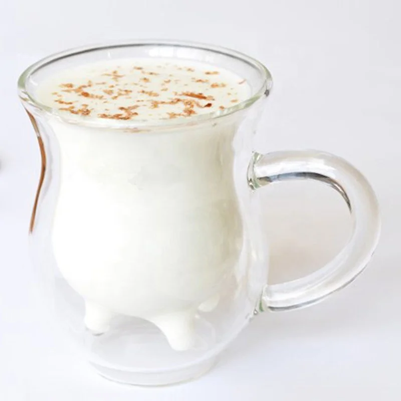 Hot Selling Double Wall Glass Cow Milk Tea Cup, Heat Resistant High Borosilicate Glass Milk Mug With Handle 350ml