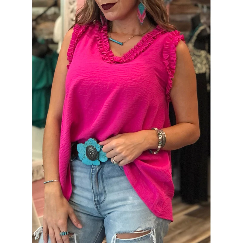 Dear-Lover Wholesale Fast Shipping Rose Frilled Trim Knit V Neck Lady Tank Top Women