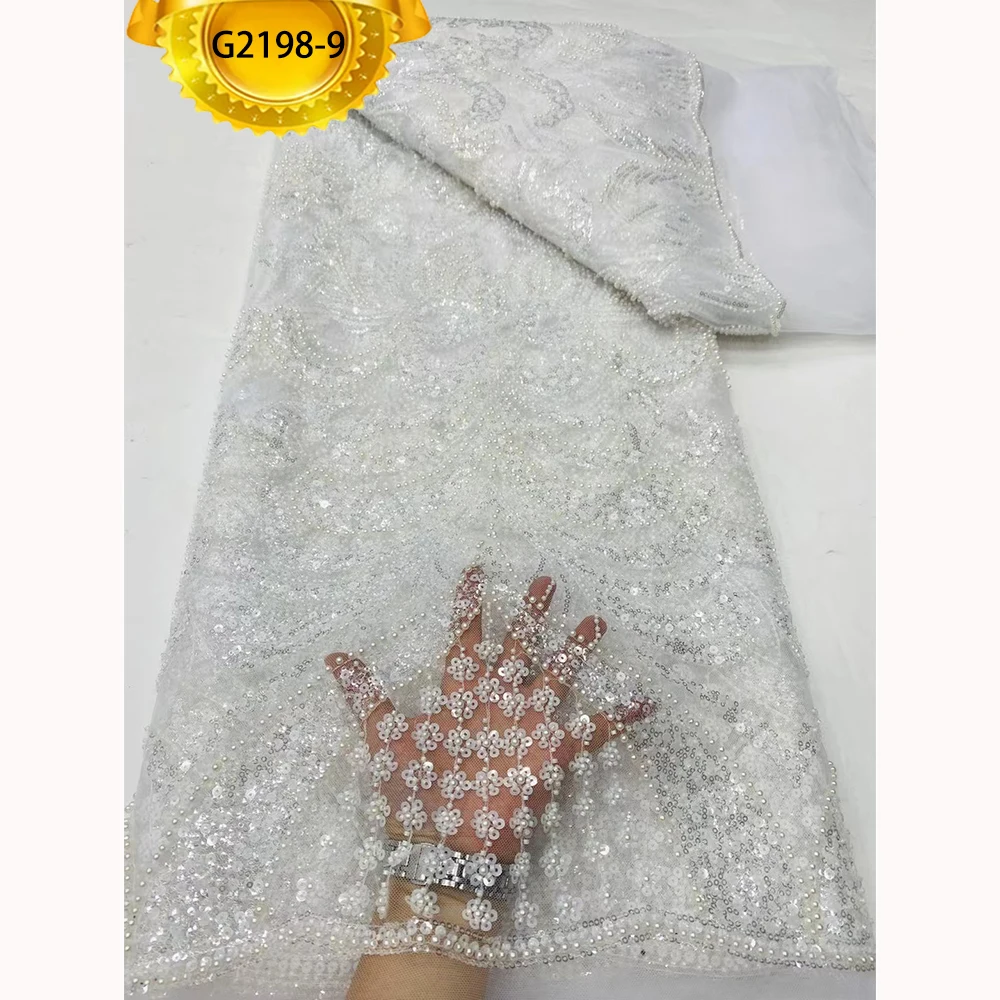 G2198 Luxury Beads White Color French Lace Fabric With Pearl And Embroidery Sequins For Bridal Wedding Dress Wear