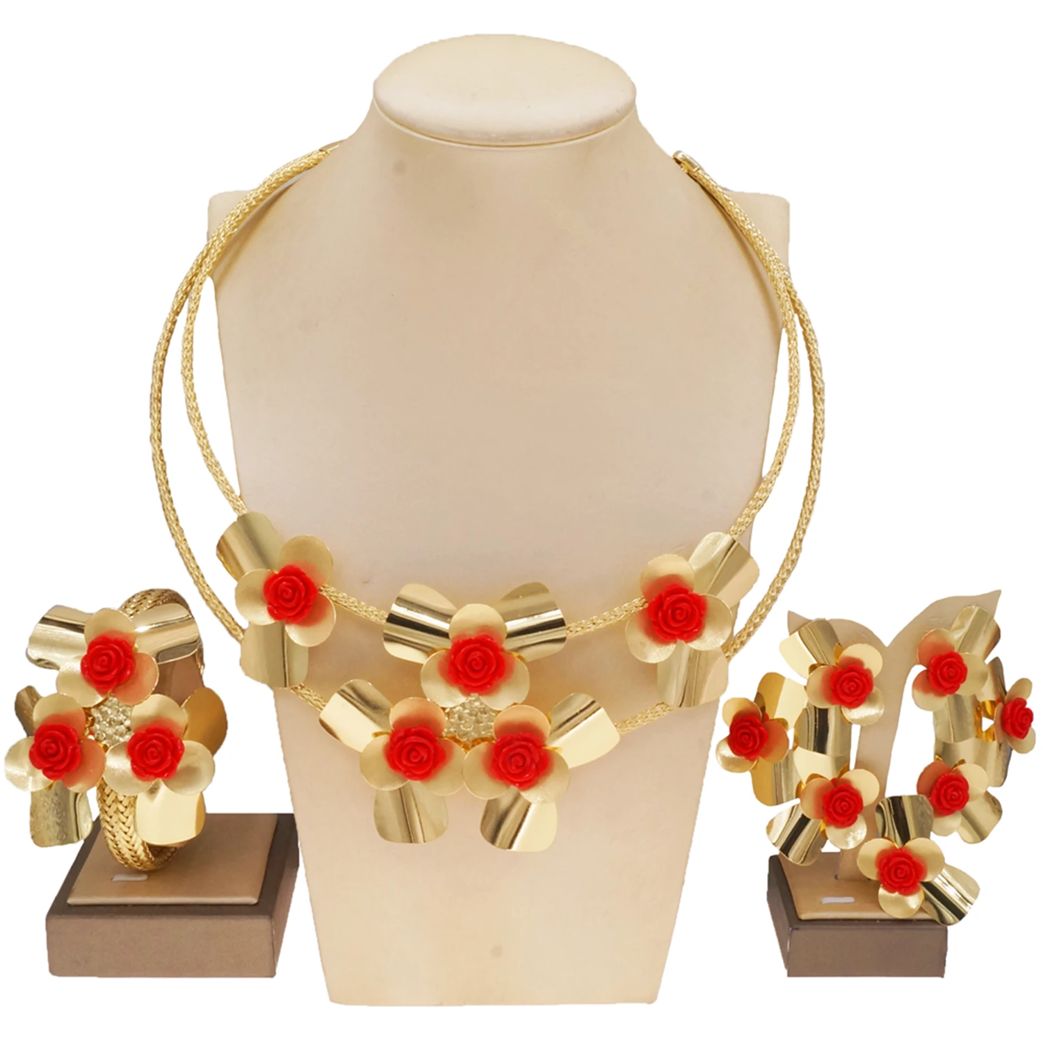 Factory Price African Jewelry Sets Flower with Red Fashion Design Jewelry 4 Pieces Jewelry Set Necklace Earrings bangle Ring
