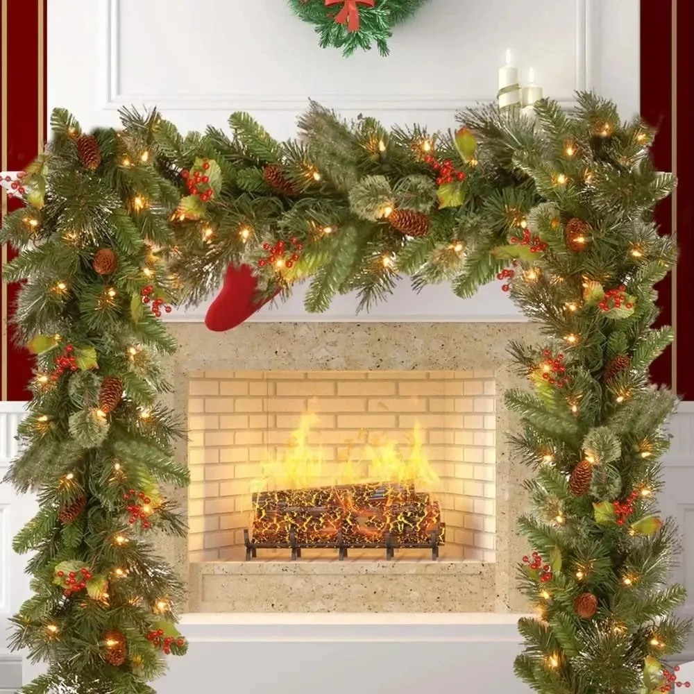 2.7M DIY Christmas Garland Outdoor Artificial Pine Garland Thick Battery Powered 2 Lighting Modes Christmas Red Berry Garland