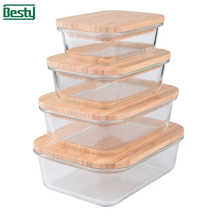 Eco-friendly Food Meal Prep Containers With Bamboo Lid wooden Glass Food Storage High Quality Glass Food Meal Prep Containers